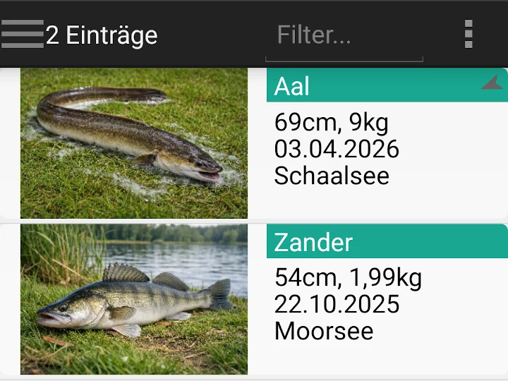 fish trace -kalastussovelluksen saalislista dokumentoiduilla saaliilla