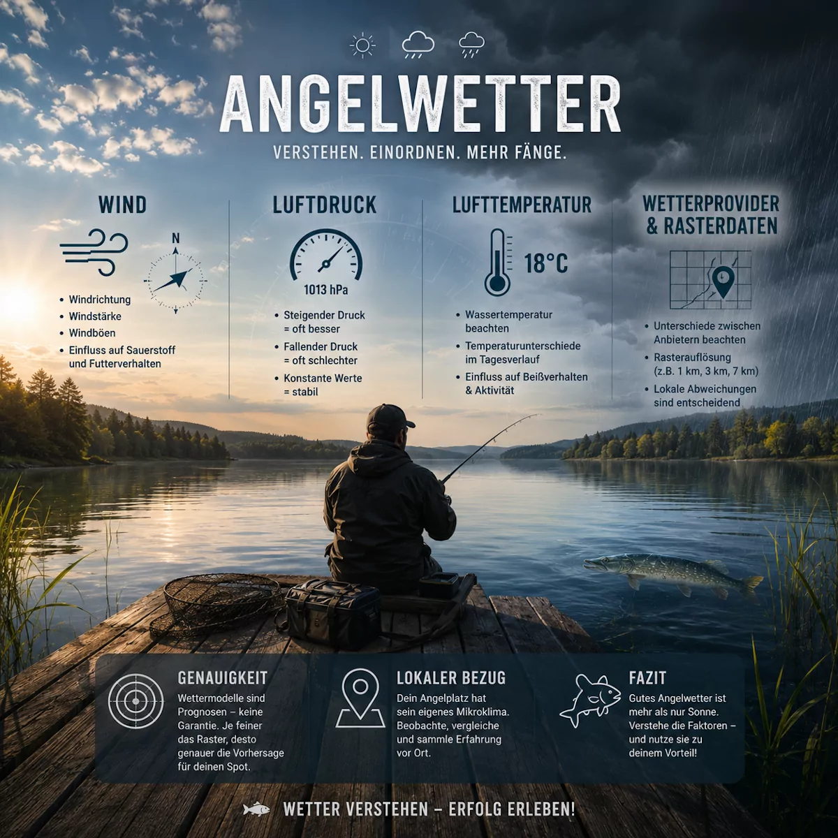 Angelwetter Übersicht: Wind, Luftdruck, Lufttemperatur und Wetterprovider beim Angeln
