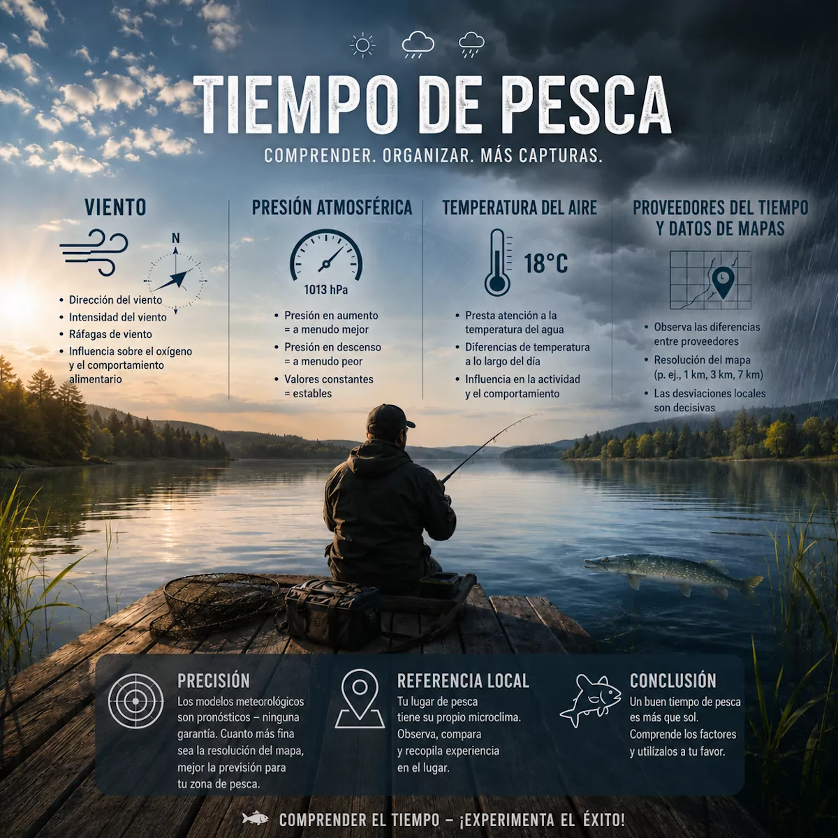 Tiempo de pesca: viento, presión atmosférica, temperatura del aire y proveedor meteorológico al pescar