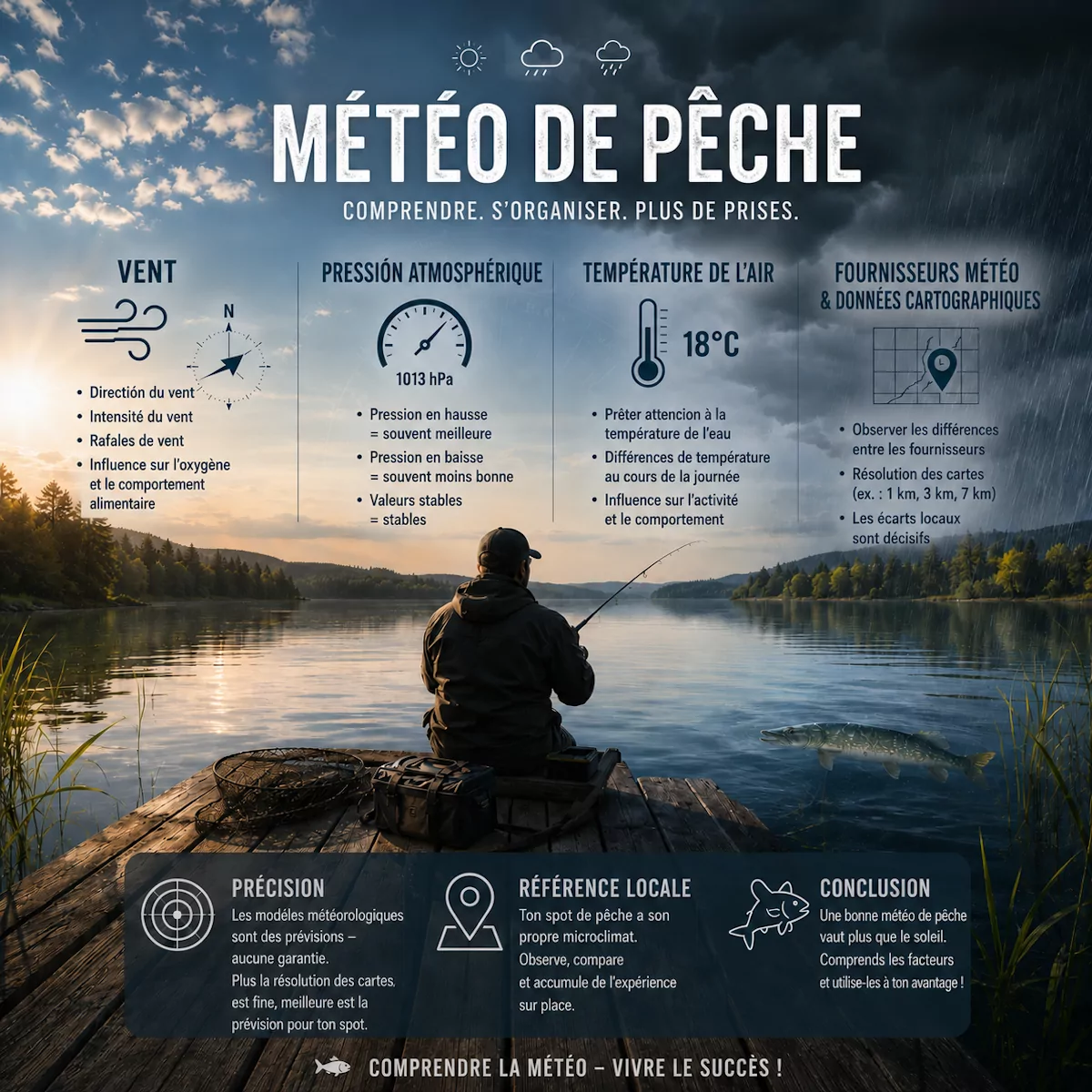 Aperçu météo pêche : vent, pression atmosphérique, température de l'air et fournisseur météo pour la pêche