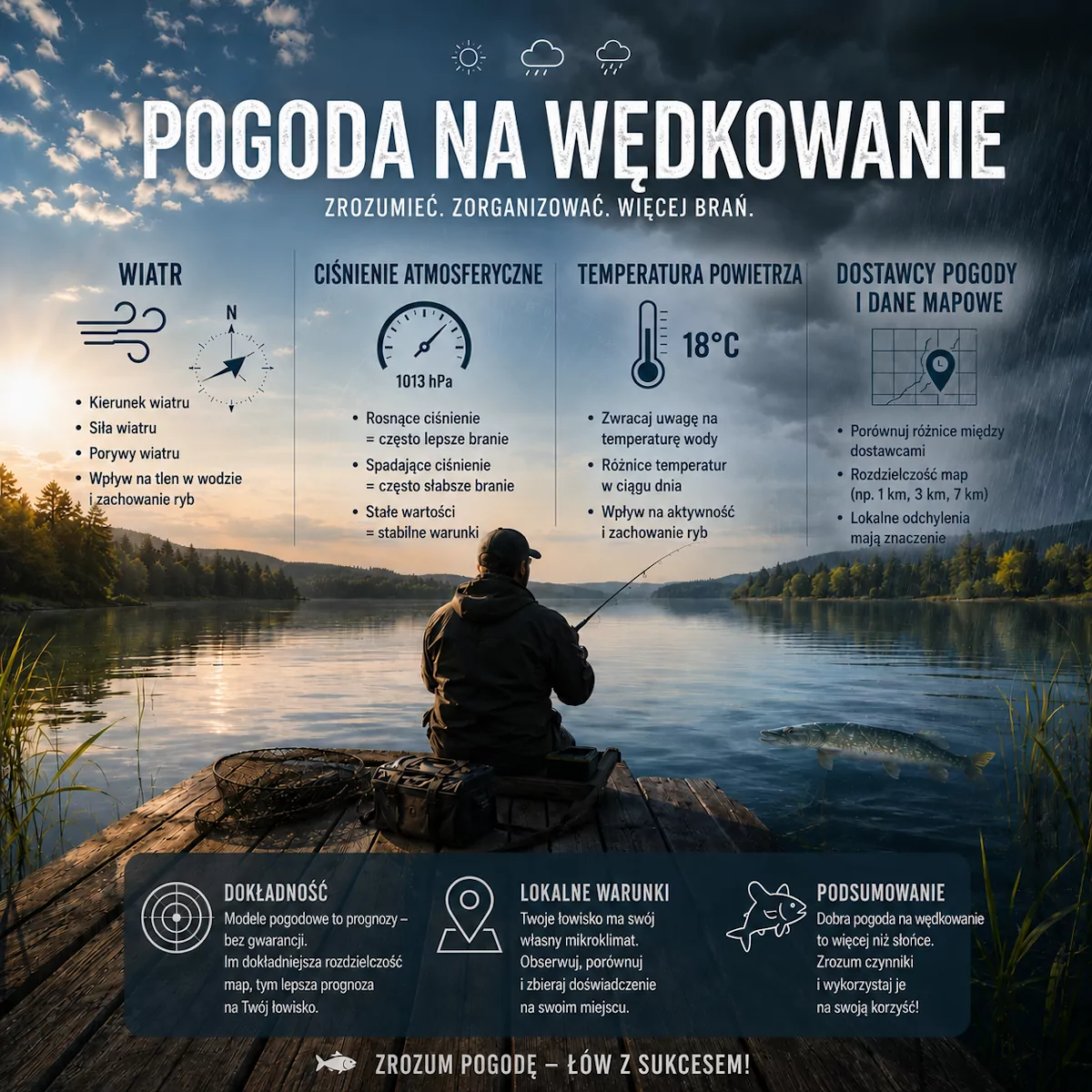 Pogoda wędkarska — przegląd: wiatr, ciśnienie atmosferyczne, temperatura powietrza i dostawca danych pogodowych w wędkarstwie