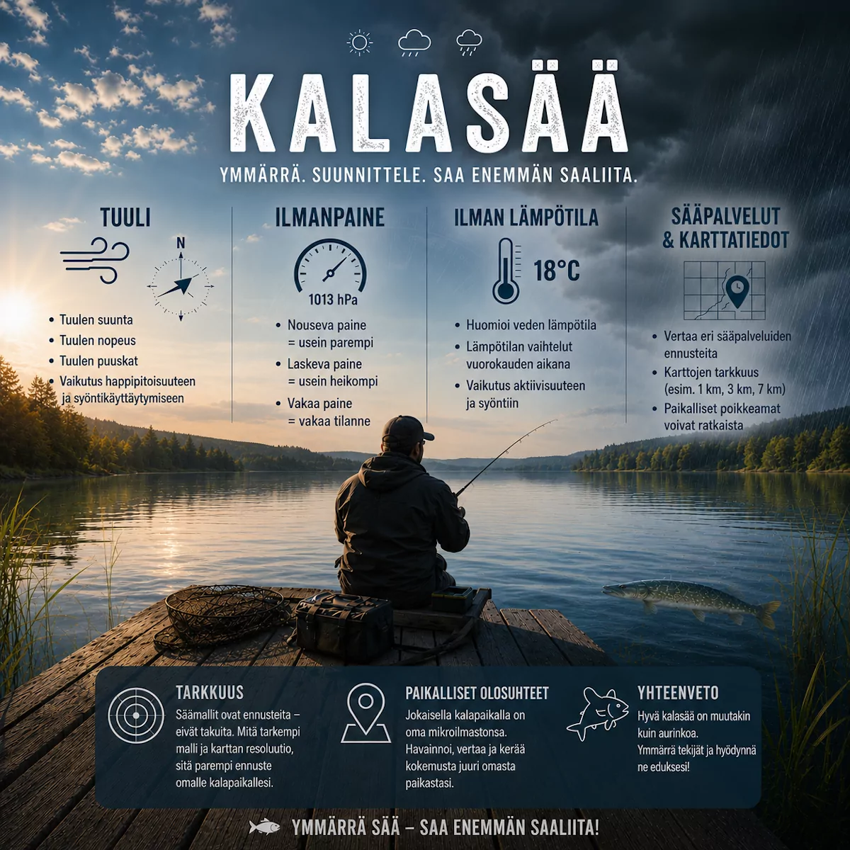 Kalastussään yleiskuva: tuuli, ilmanpaine, ilman lämpötila ja sääpalveluntarjoaja kalastuksessa