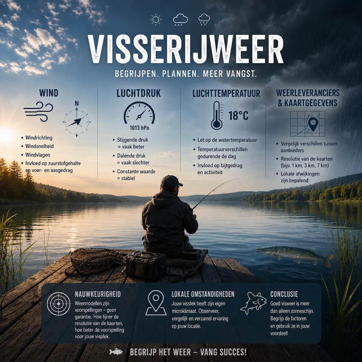 Overzicht visweer: wind, luchtdruk, luchttemperatuur en weerprovider bij het vissen