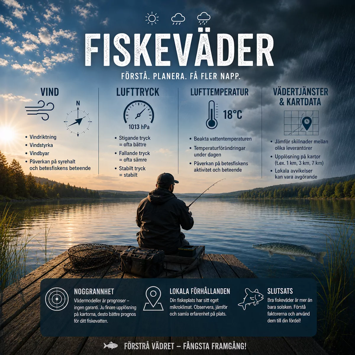 Översikt fiskeväder: vind, lufttryck, lufttemperatur och väderleverantör vid fiske