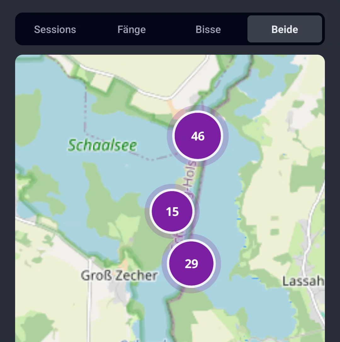 Screenshot: Revierkarte im Tab Beide mit kombinierten Fang- und Biss-Markern