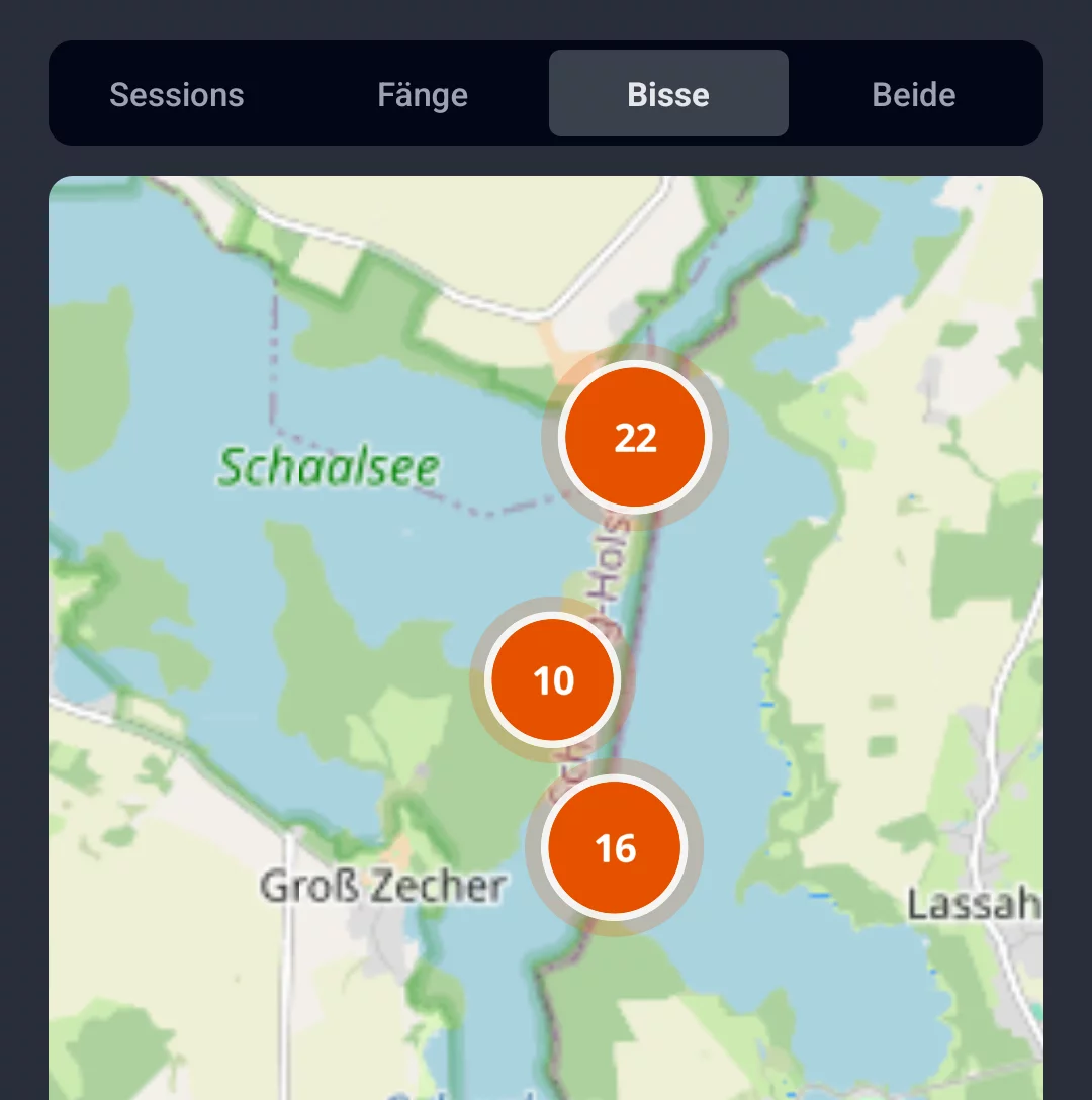 Screenshot: Revierkarte im Tab Bisse mit Markern am Schaalsee