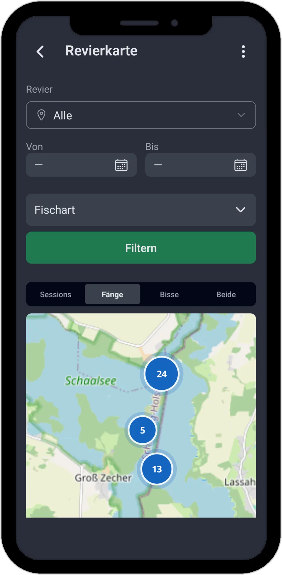 Screenshot: Revierkarte im Tab Fänge mit Session-Markern am Schaalsee