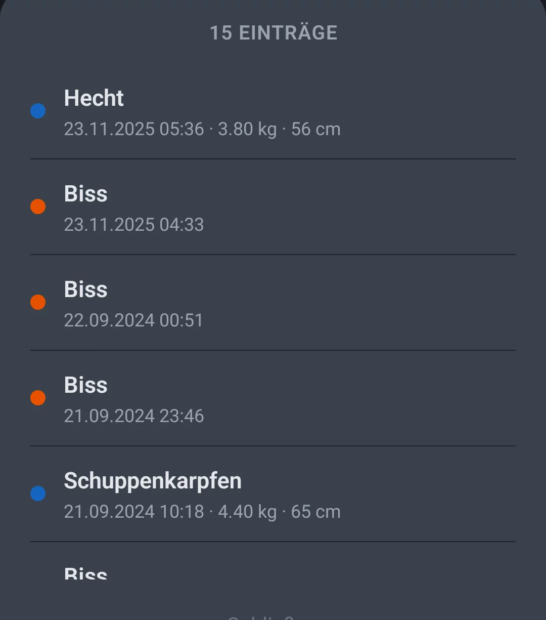 Screenshot: Eintragsliste nach Antippen eines Markers mit einzelnen Fängen und Bissen