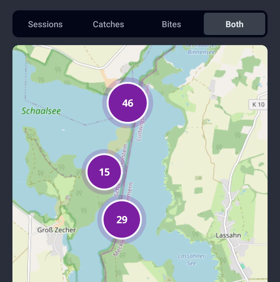 Screenshot: Territory map in the Both tab with combined catch and bite markers