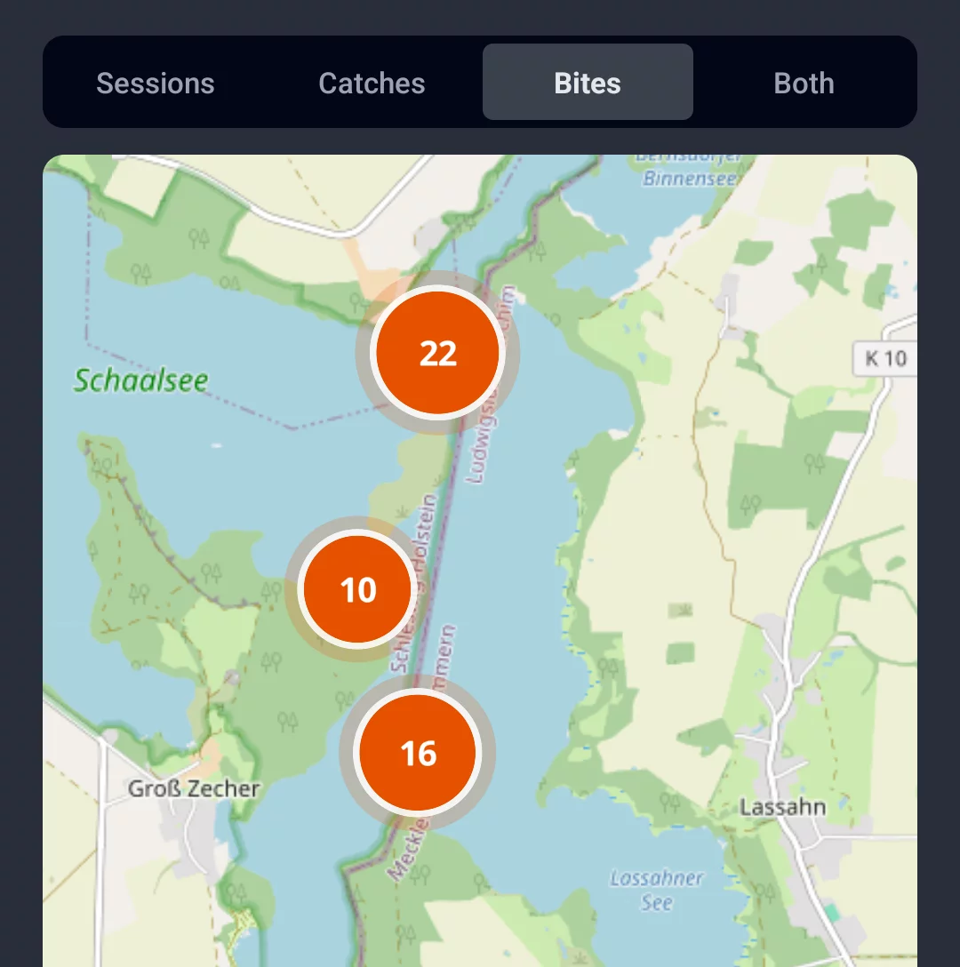 Screenshot: Territory map in the Bites tab with markers on the lake