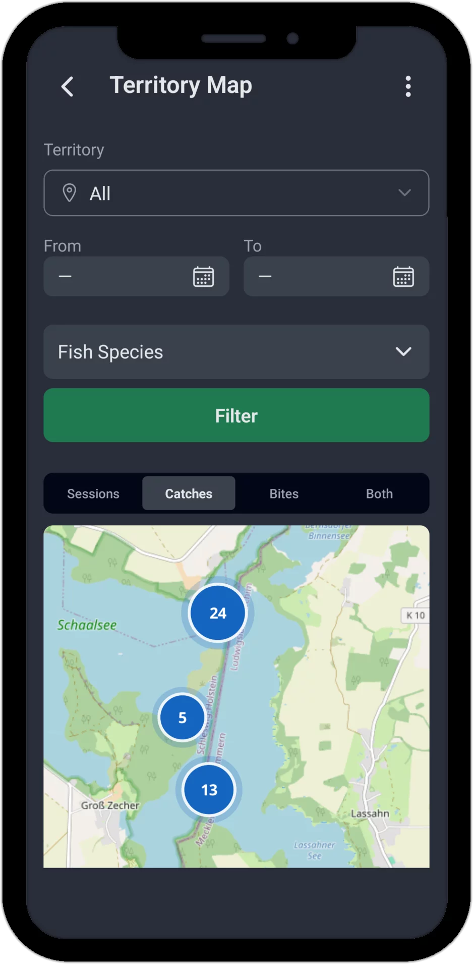 Screenshot: Territory map in the Catches tab with session markers on the lake