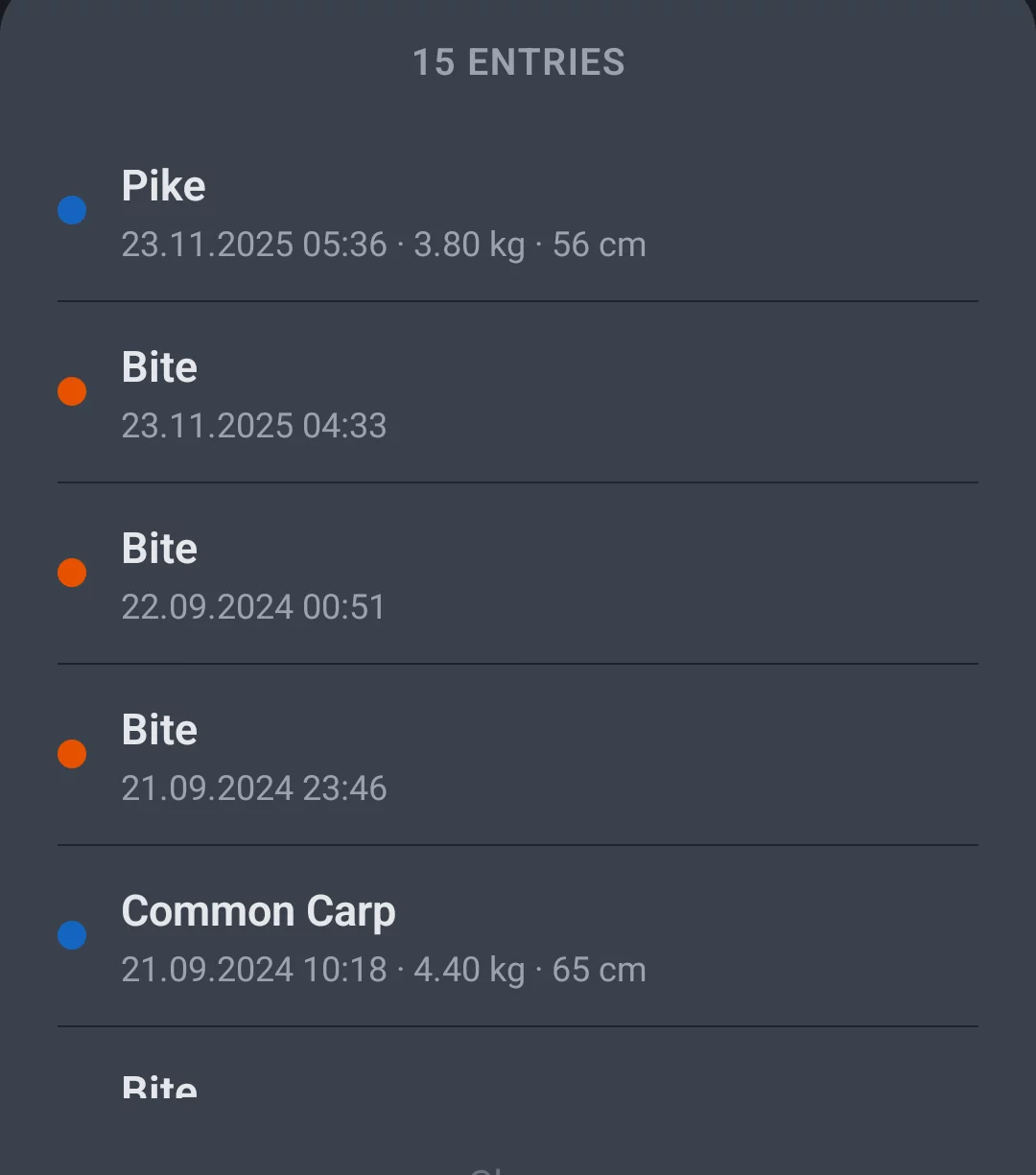 Screenshot: Entry list after tapping a marker, showing individual catches and bites