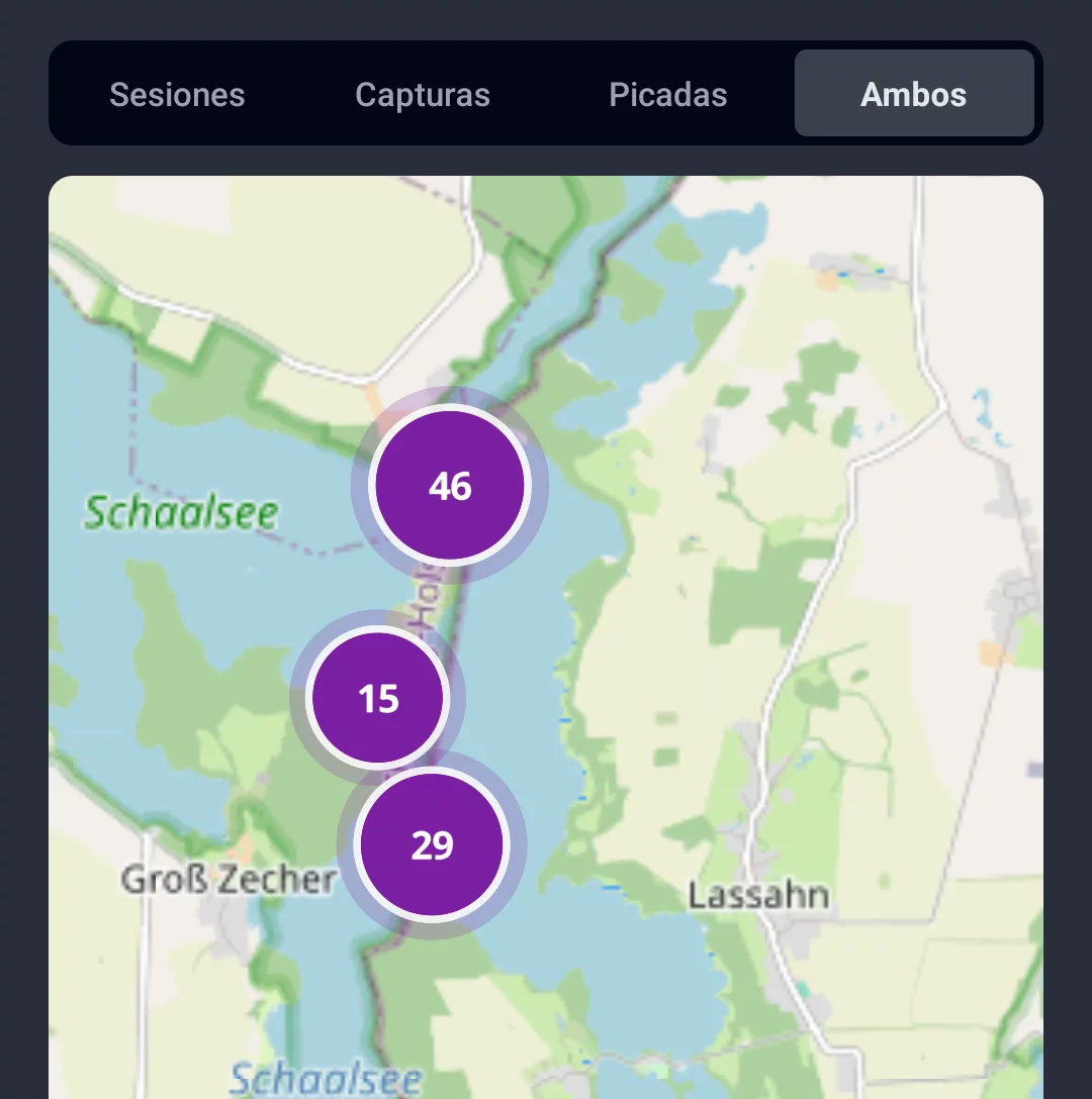 Captura de pantalla: mapa de zonas en la pestaña Ambos con marcadores combinados de capturas y picadas