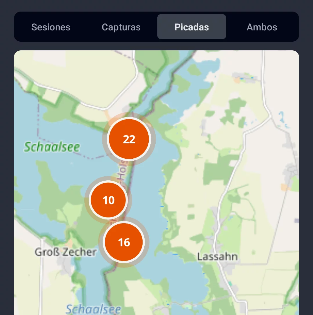 Captura de pantalla: mapa de zonas en la pestaña Picadas con marcadores en el lago Schaalsee