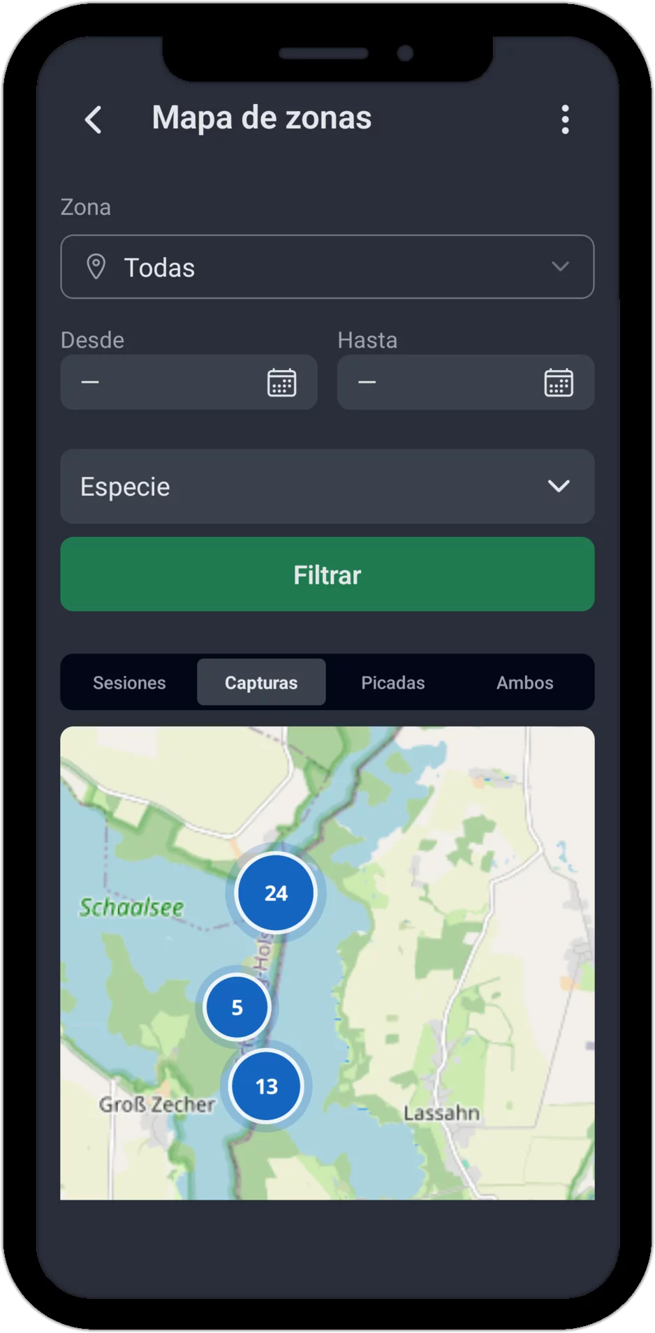Captura de pantalla: mapa de zonas en la pestaña Capturas con marcadores de sesión en el lago Schaalsee