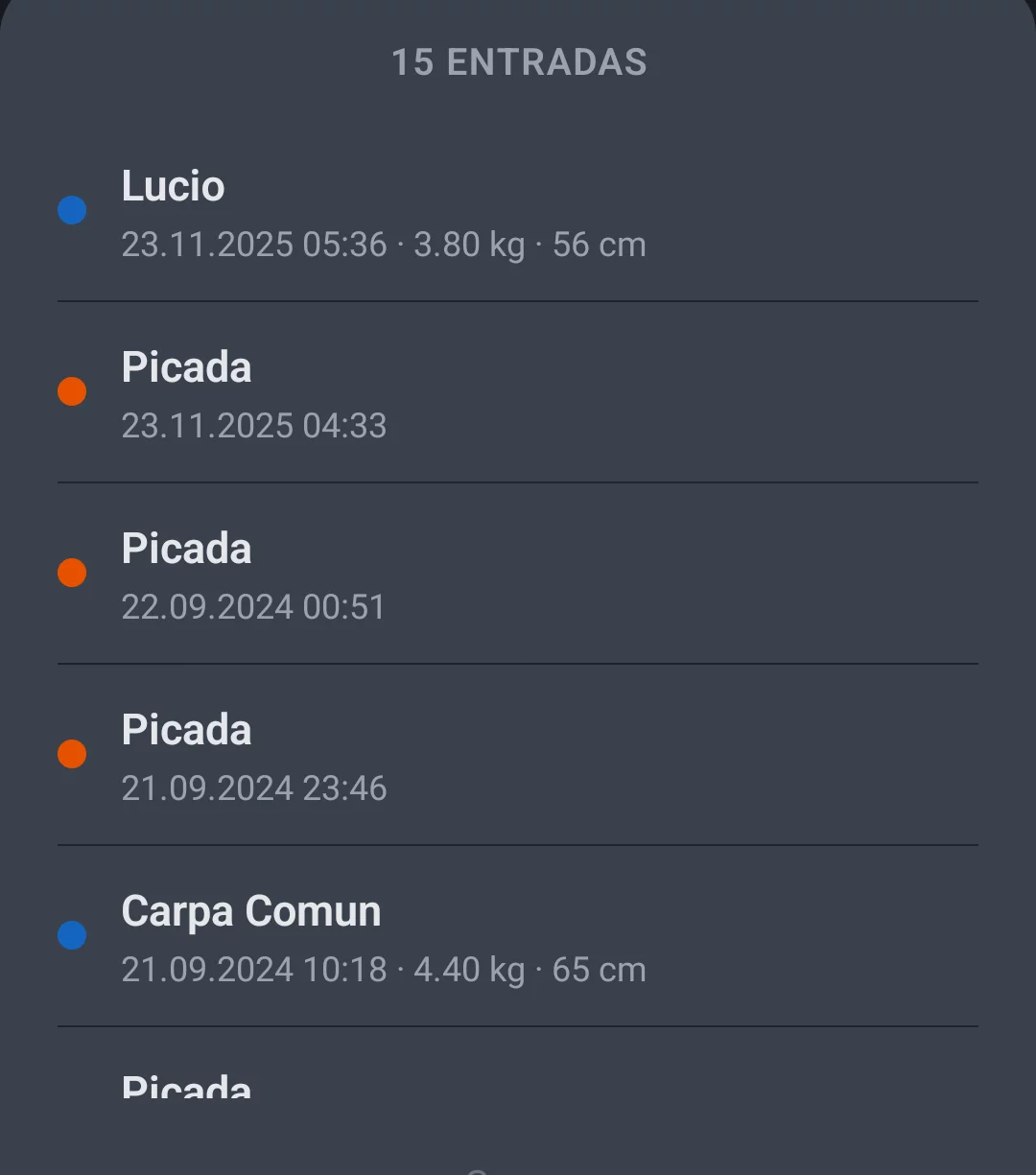 Captura de pantalla: lista de entradas al tocar un marcador con capturas y picadas individuales