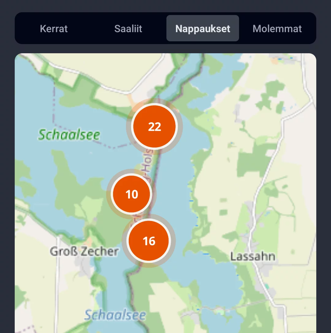 Kuvakaappaus: Kalavesikartta välilehdellä Nykäisyt, merkit Schaalsee-järvellä