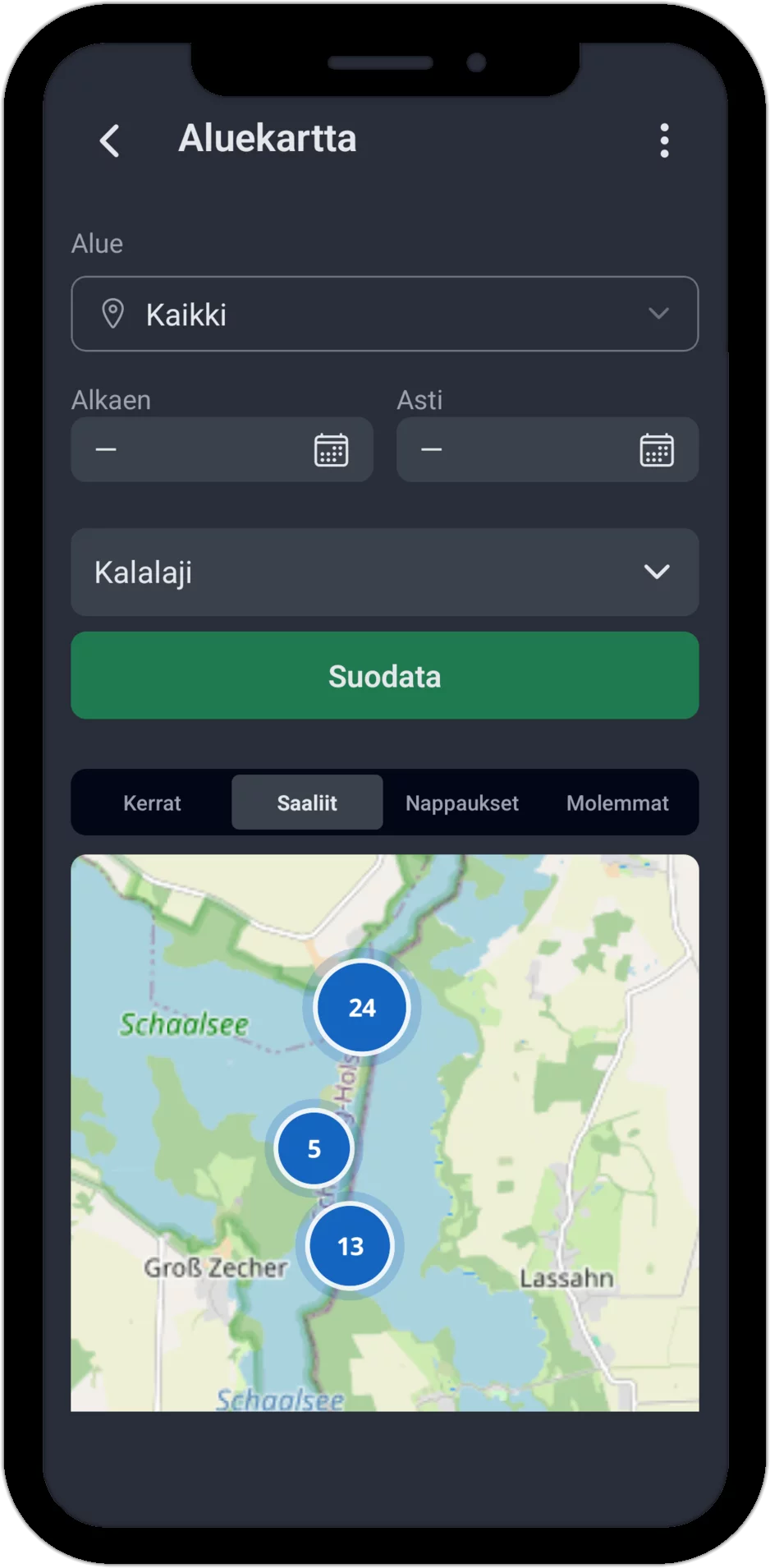Kuvakaappaus: Kalavesikartta välilehdellä Saaliit, kalastuskertojen merkit Schaalsee-järvellä