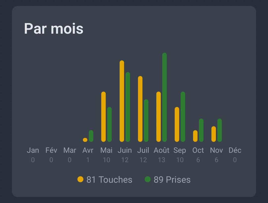 Capture d'écran : activité par mois avec touches et prises par mois