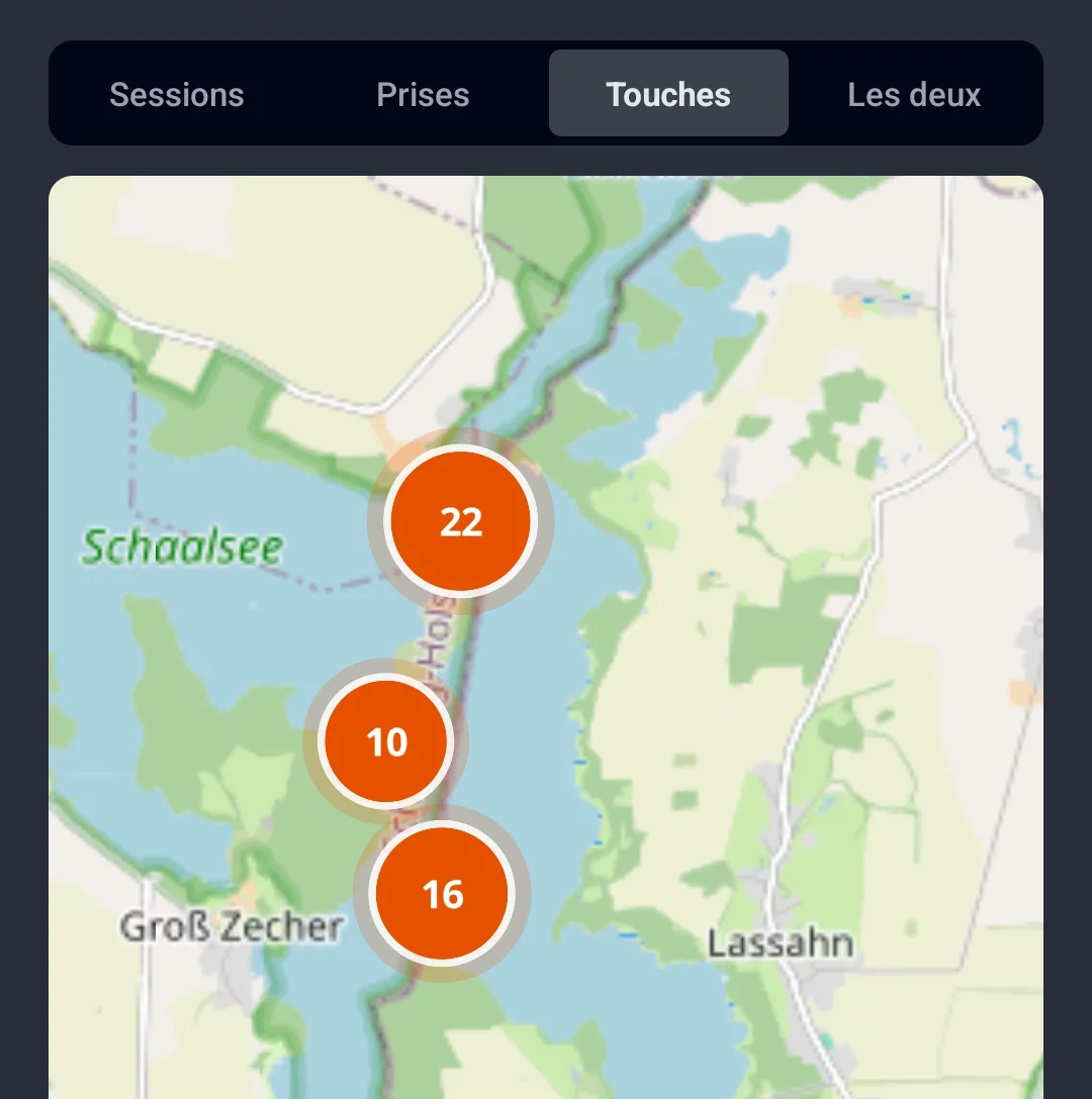 Capture d'écran : carte du territoire dans l'onglet Touches avec marqueurs au Schaalsee