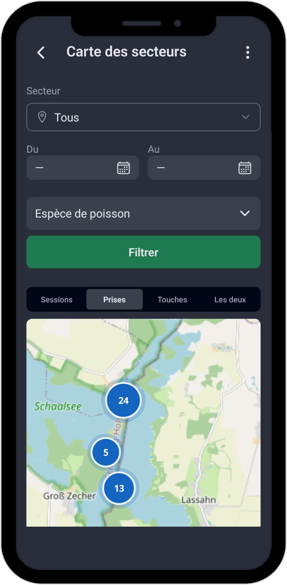 Capture d'écran : carte du territoire dans l'onglet Prises avec marqueurs de sessions au Schaalsee