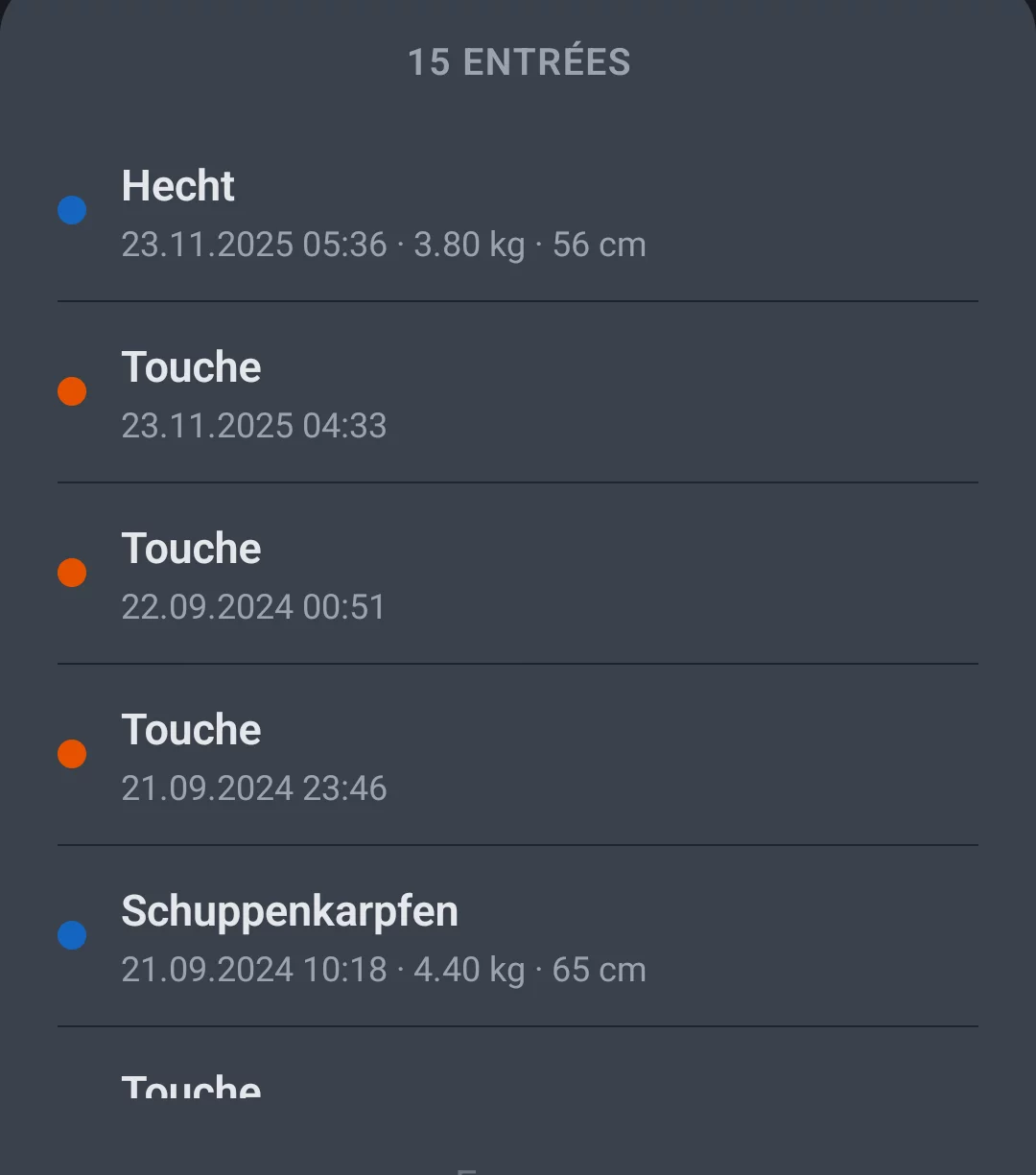 Capture d'écran : liste des entrées après avoir touché un marqueur, avec prises et touches individuelles