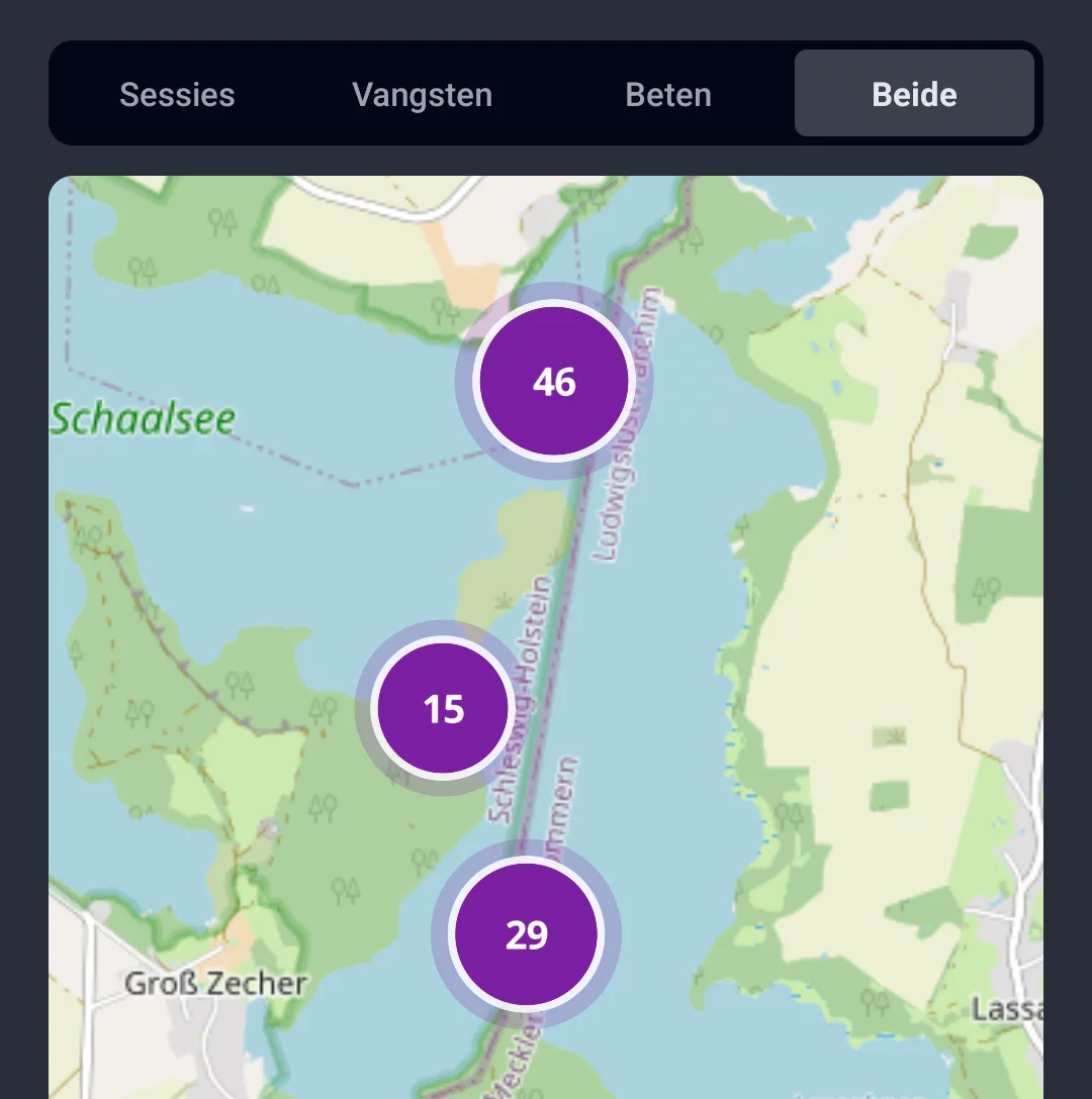 Screenshot: viswaterkaart in het tabblad Beide met gecombineerde vangst- en bijtmarkers