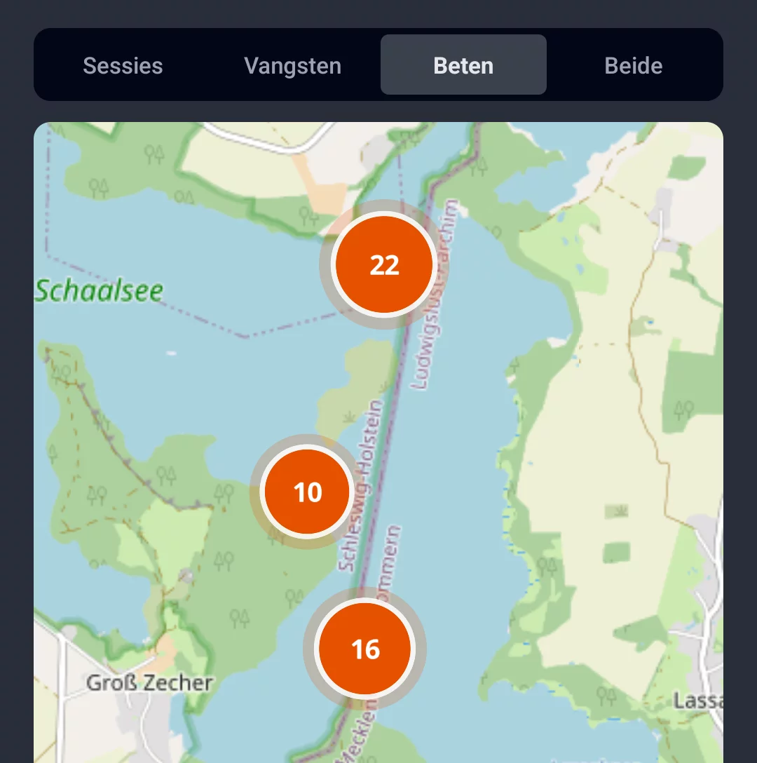 Screenshot: viswaterkaart in het tabblad Beten met markers bij het Schaalsee