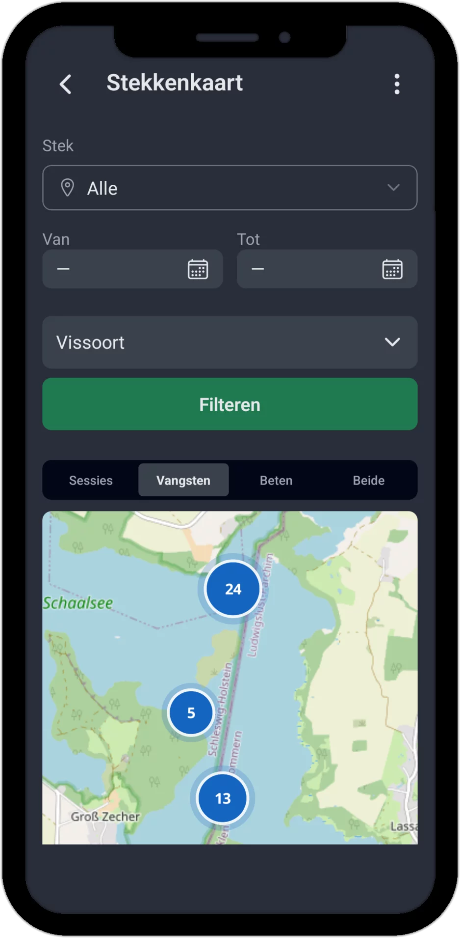 Screenshot: viswaterkaart in het tabblad Vangsten met sessiemarkers bij het Schaalsee