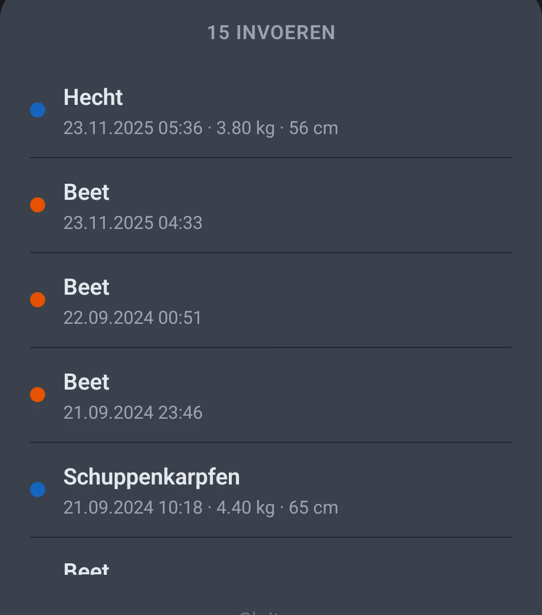 Screenshot: lijst met invoeren na het aantikken van een marker met afzonderlijke vangsten en beten