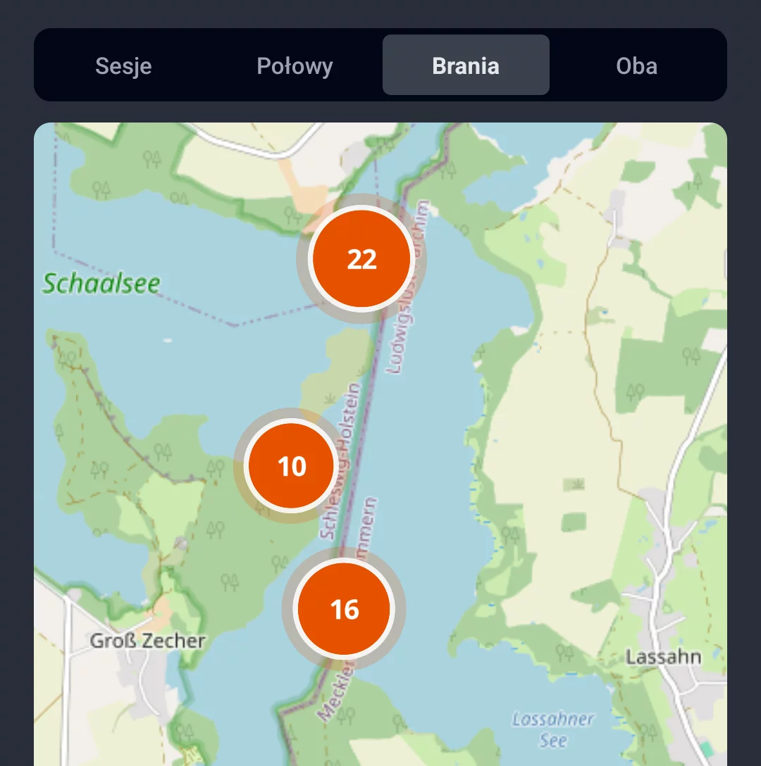 Zrzut ekranu: Mapa łowiska w zakładce Brania ze znacznikami nad jeziorem Schaalsee