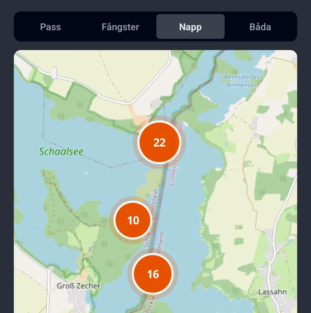 Skärmdump: Fiskevattenkarta i fliken Hugg med markörer vid Schaalsee
