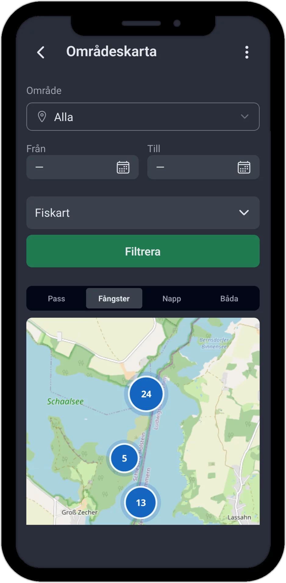 Skärmdump: Fiskevattenkarta i fliken Fångster med sessionsmarkörer vid Schaalsee