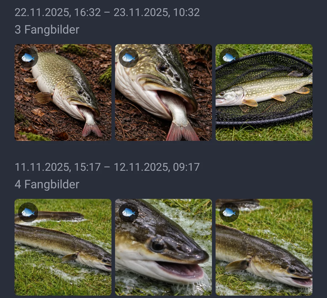 Screenshot: Bildergalerie gruppiert nach Angelsessions