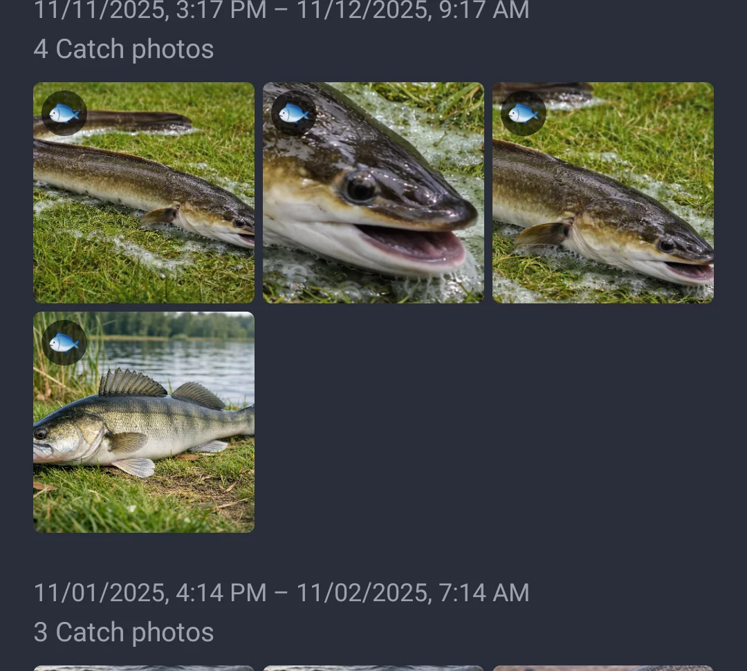 Screenshot: Photo gallery grouped by fishing sessions