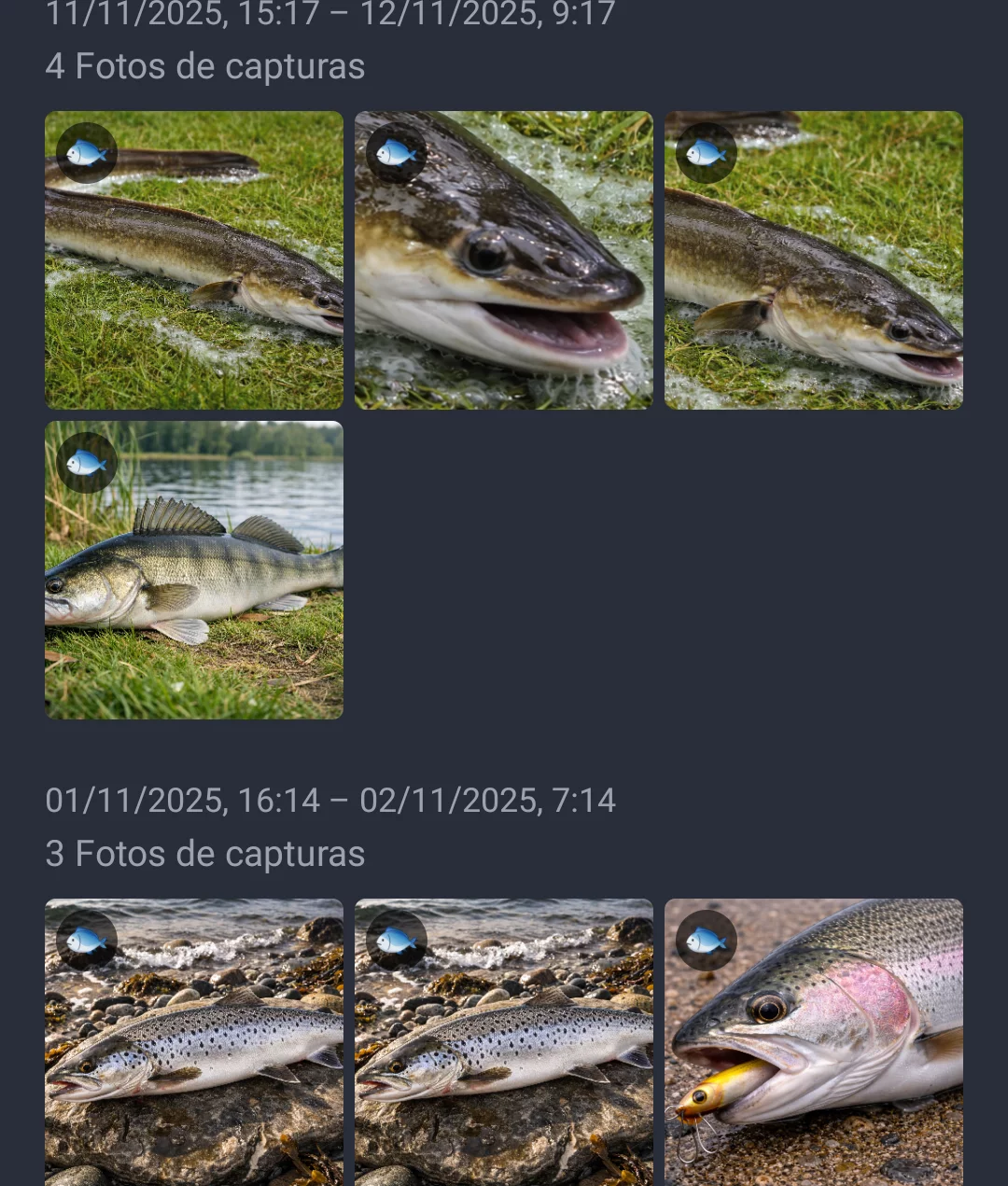 Captura de pantalla: Galería de fotos agrupada por sesiones de pesca
