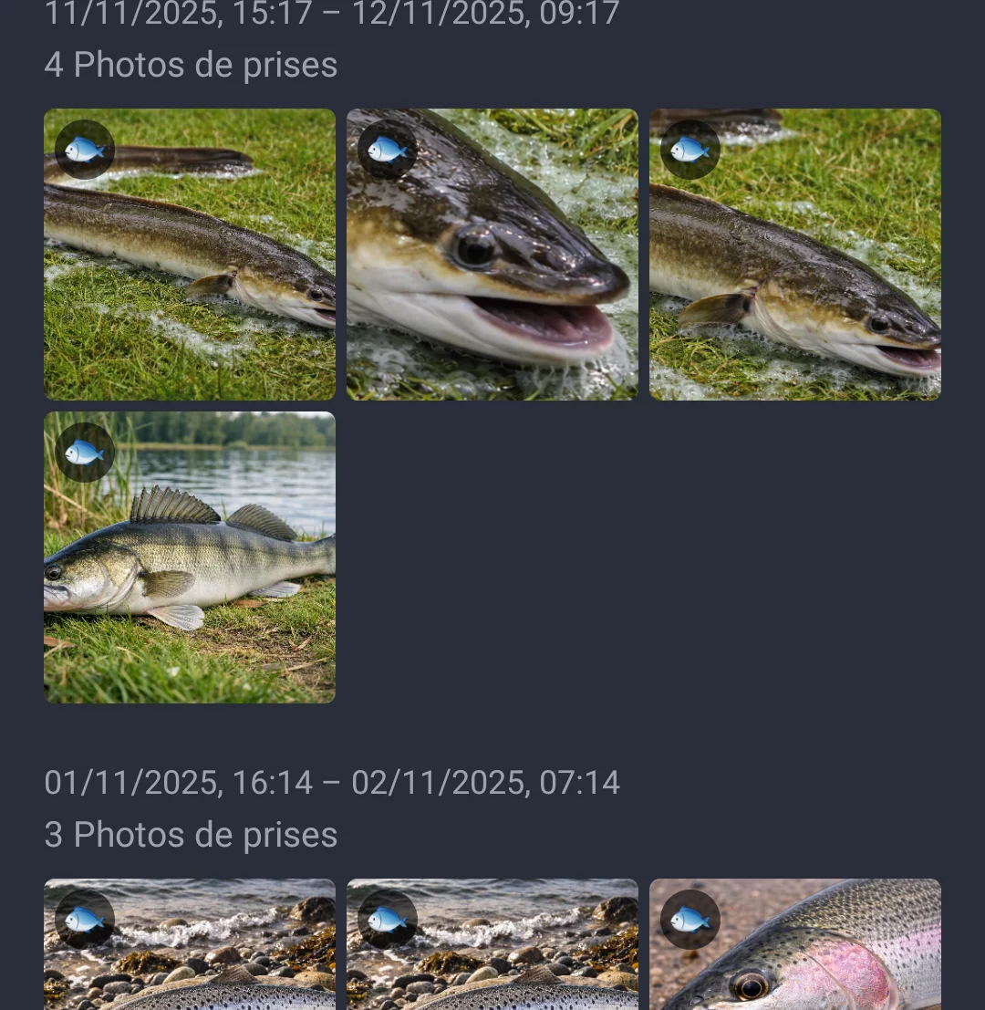 Capture d'écran : Galerie photos regroupée par sessions de pêche