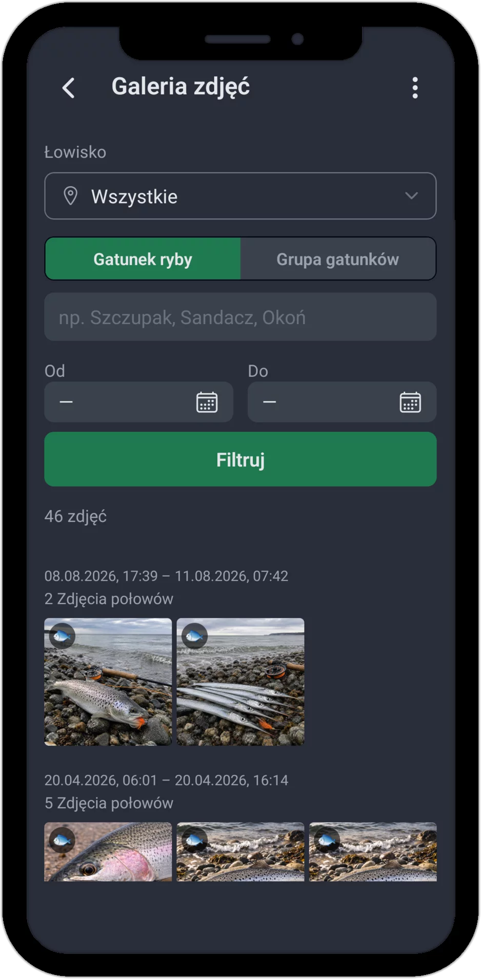 Zrzut ekranu: Galeria zdjęć z opcjami filtrowania