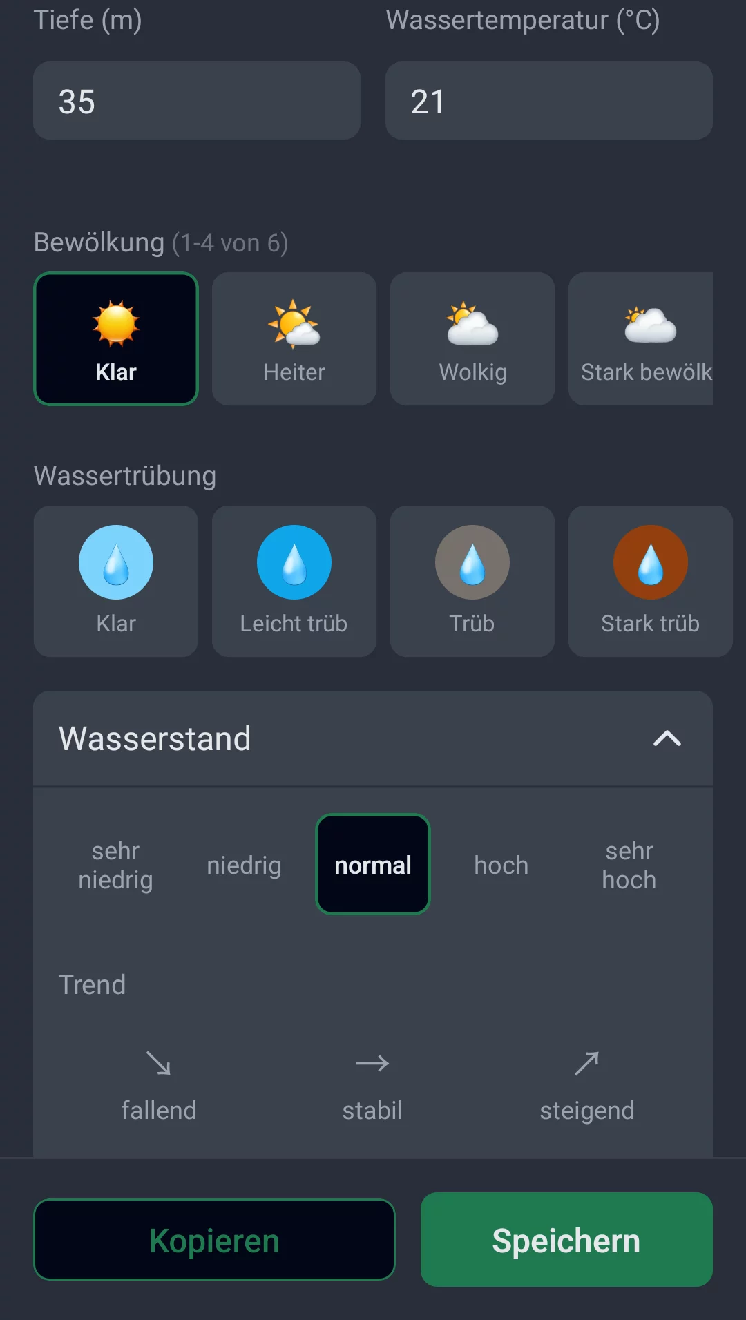 Screenshot: Tiefe, Wassertemperatur, Bewölkung, Wassertrübung und Wasserstand mit Trend beim Fang erfassen