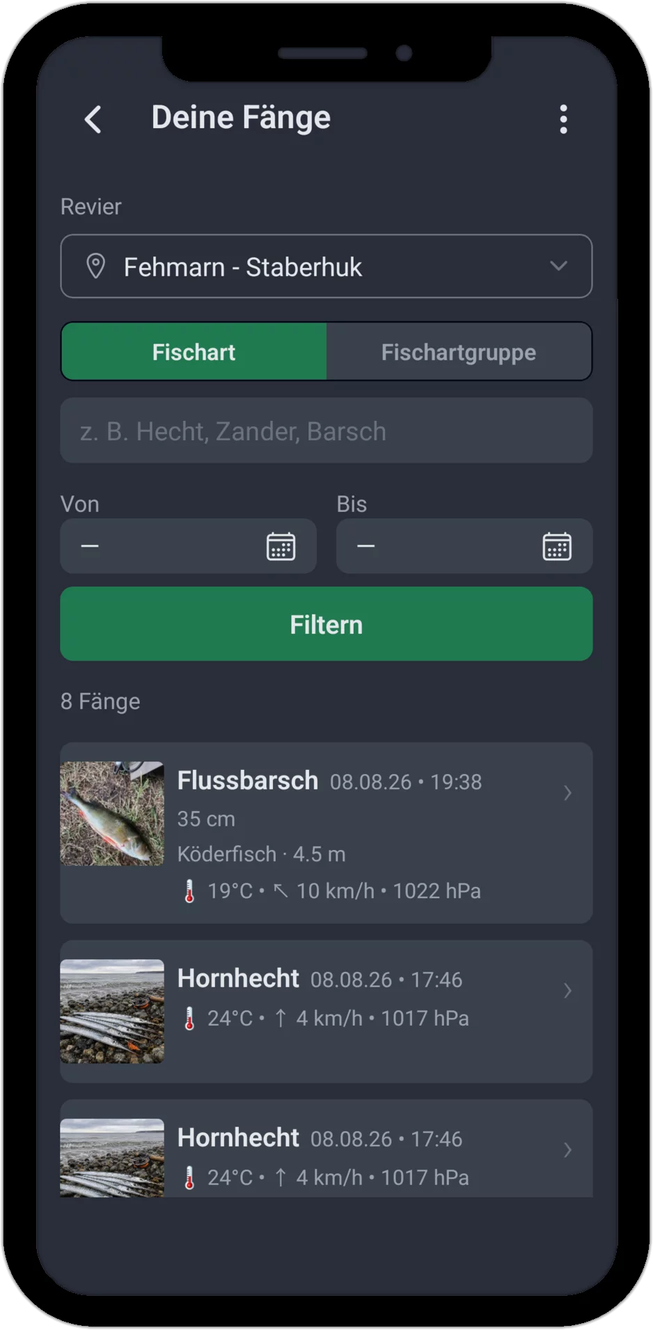 Screenshot: Fangliste mit Filteroptionen nach Revier, Fischart und Zeitraum