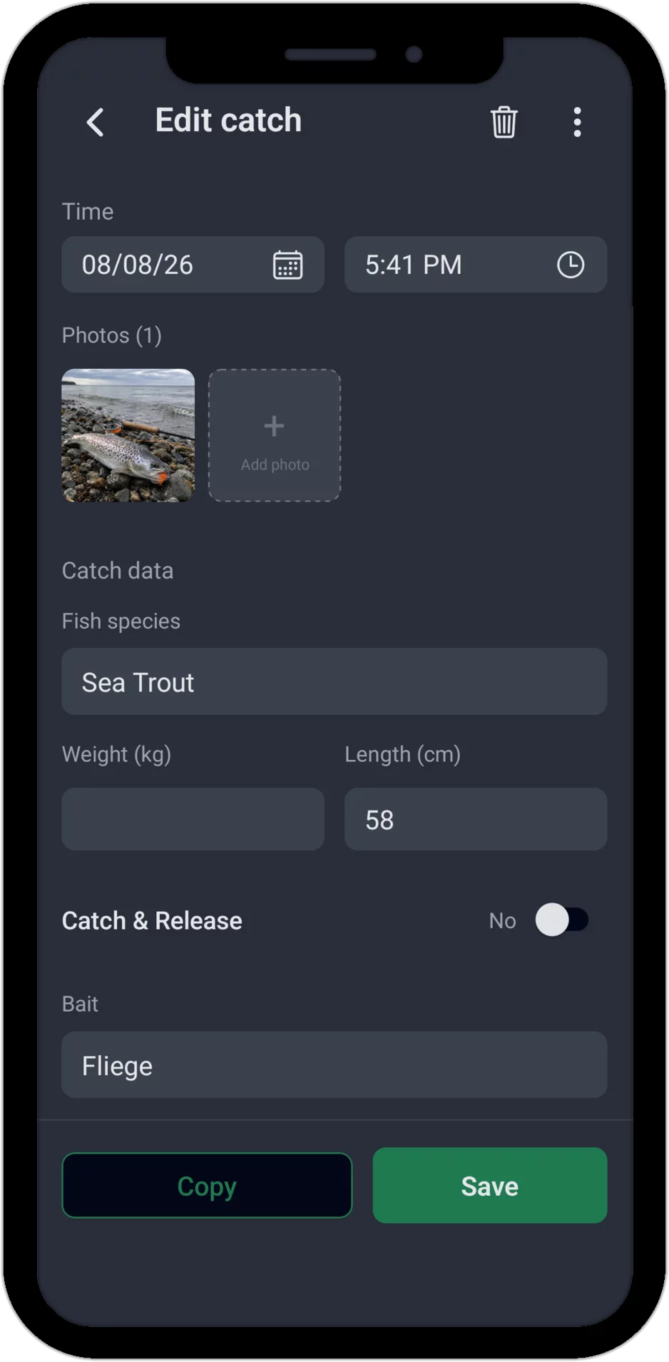 Screenshot: Edit catch with time, photo, fish species, weight, length, catch & release and bait