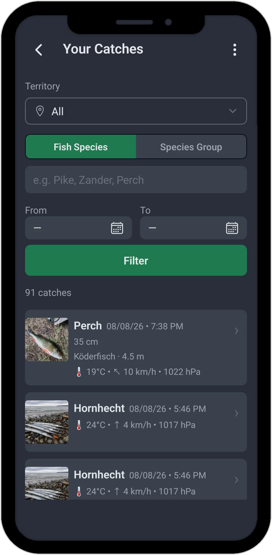 Screenshot: catch list with filter options by fishing spot, fish species and time period