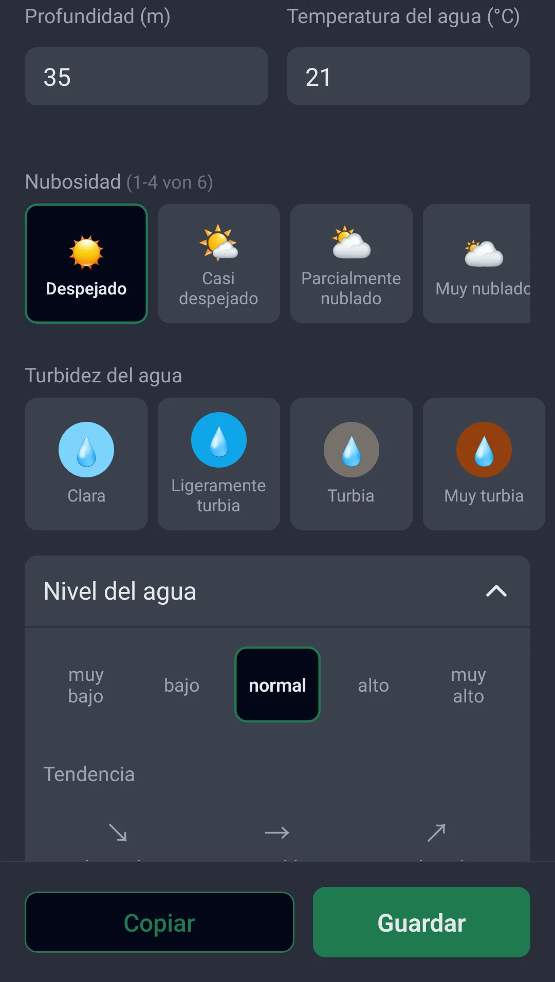 Captura de pantalla: profundidad, temperatura del agua, nubosidad, turbidez del agua y nivel del agua con tendencia al editar una captura
