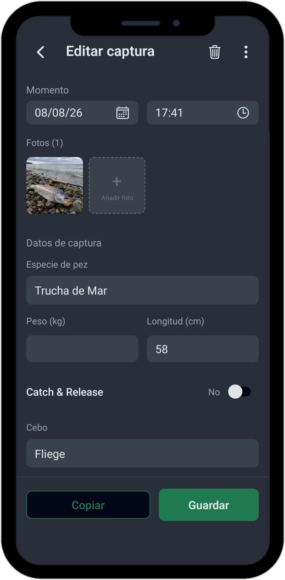 Captura de pantalla: Editar captura con hora, foto, especie, peso, longitud, captura y suelta y cebo