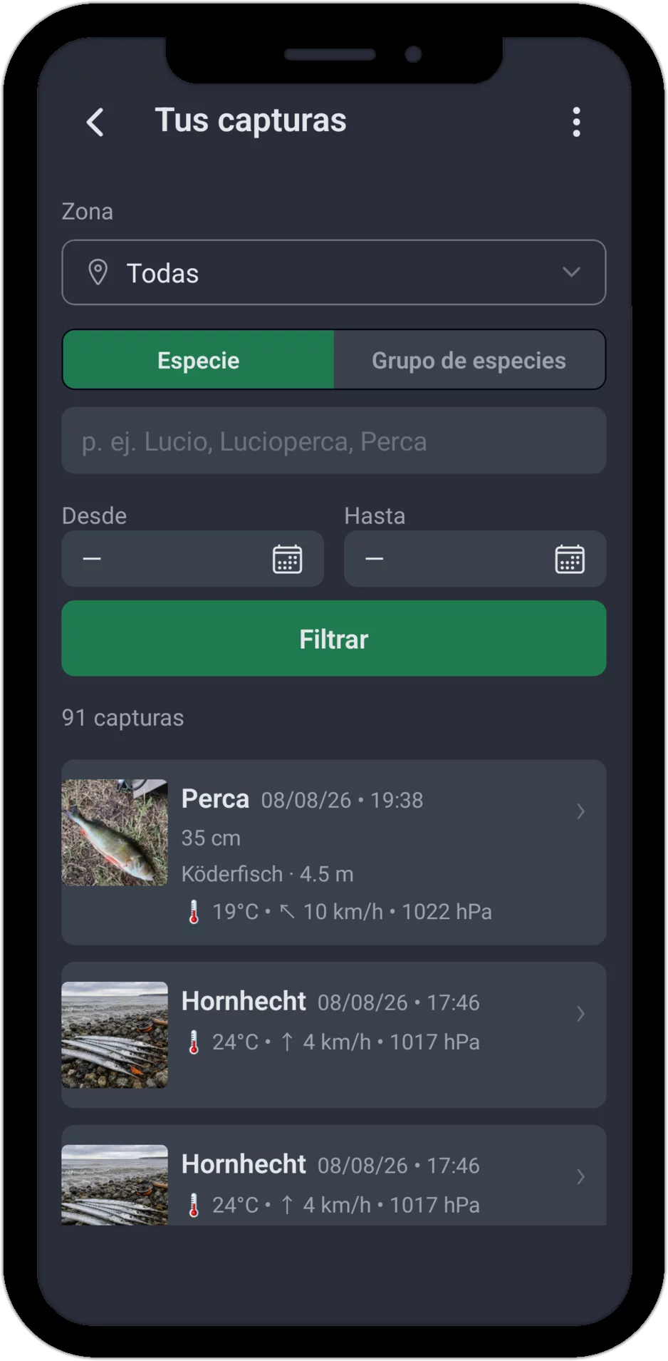 Captura de pantalla: lista de capturas con opciones de filtro por coto, especie y periodo