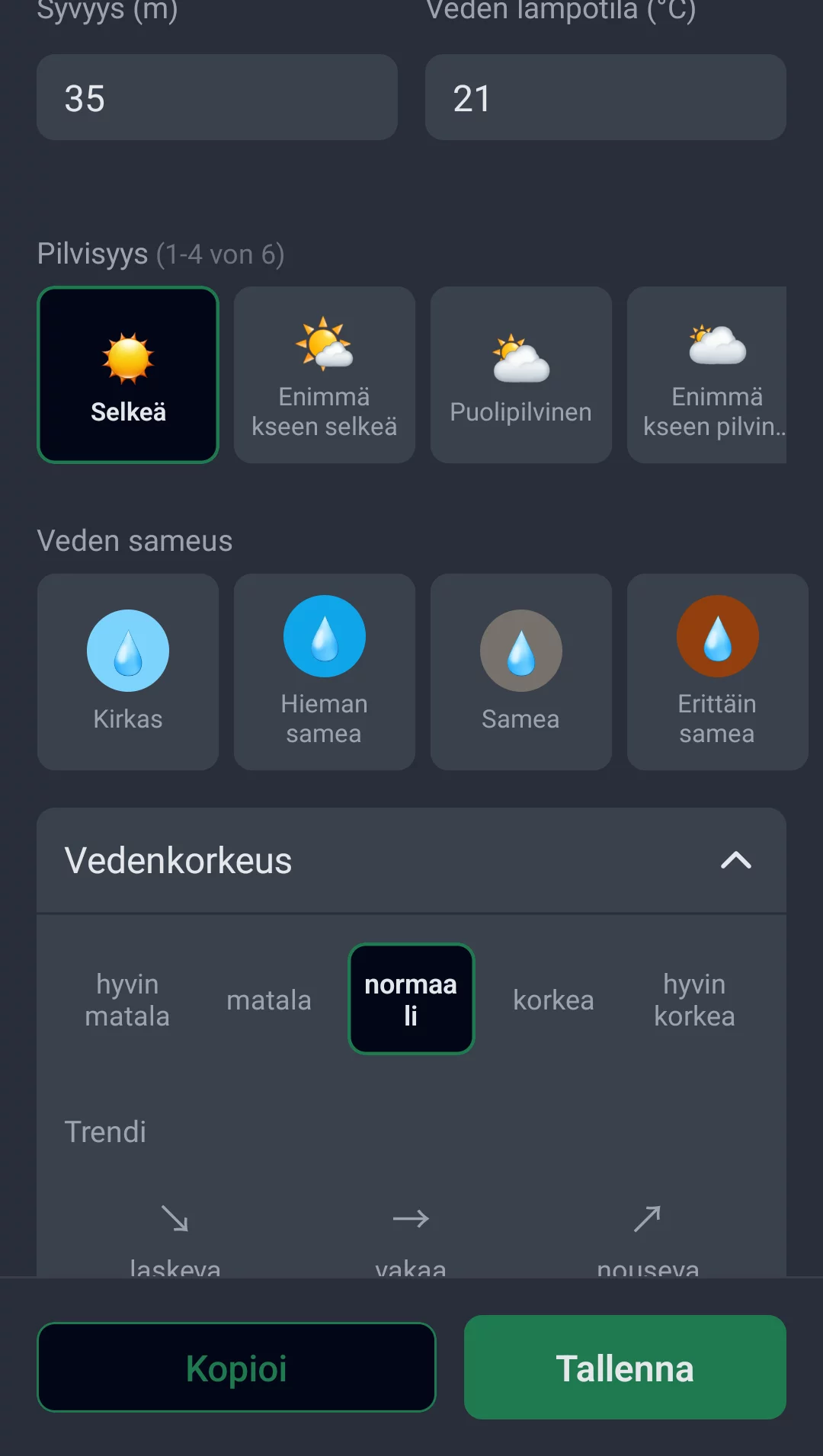Kuvakaappaus: syvyys, veden lämpötila, pilvisyys, veden sameus ja vedenkorkeus trendeineen saalista muokattaessa
