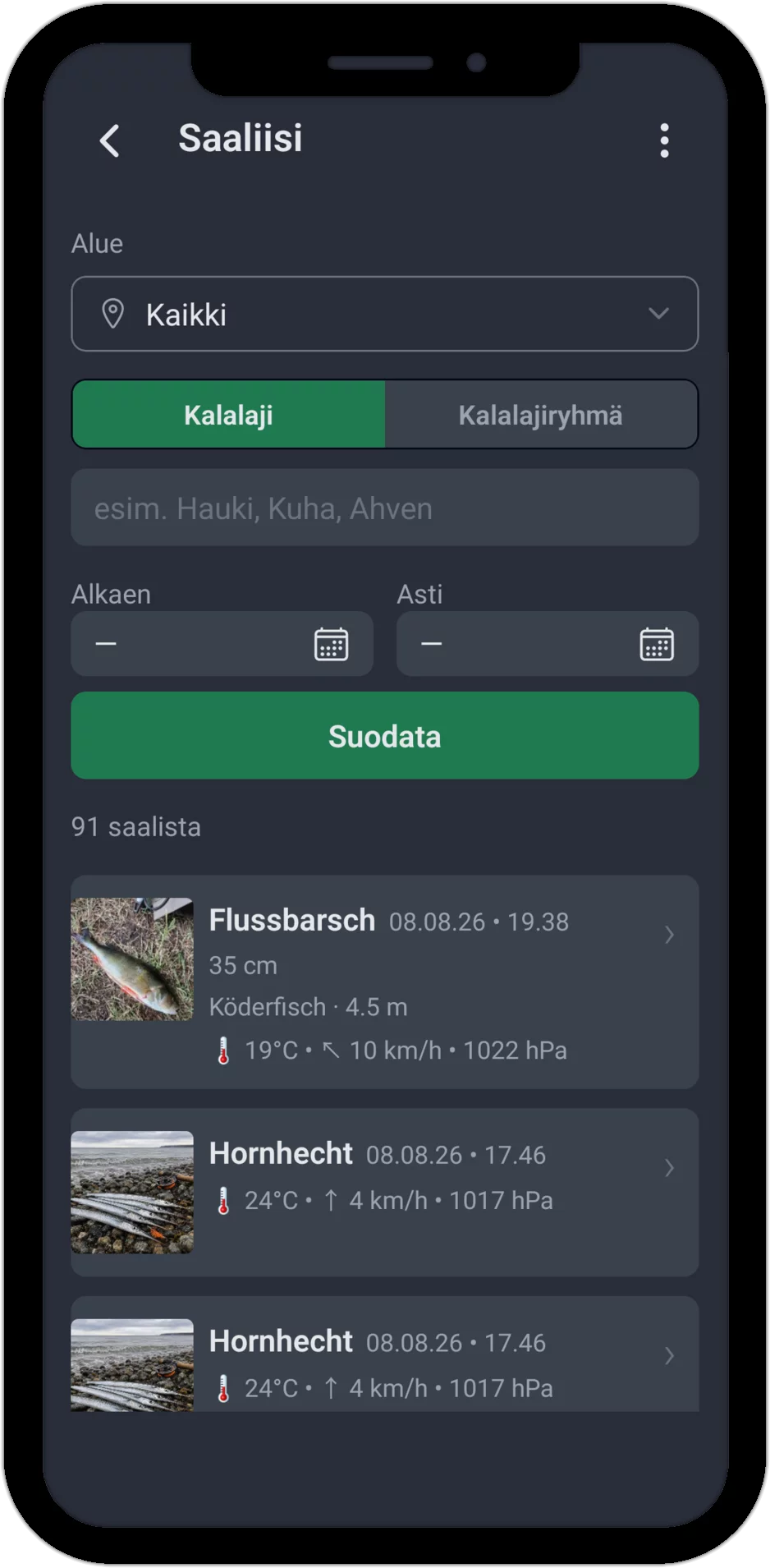 Kuvakaappaus: saalislista suodatusvaihtoehdoilla alueen, kalalajin ja ajanjakson mukaan