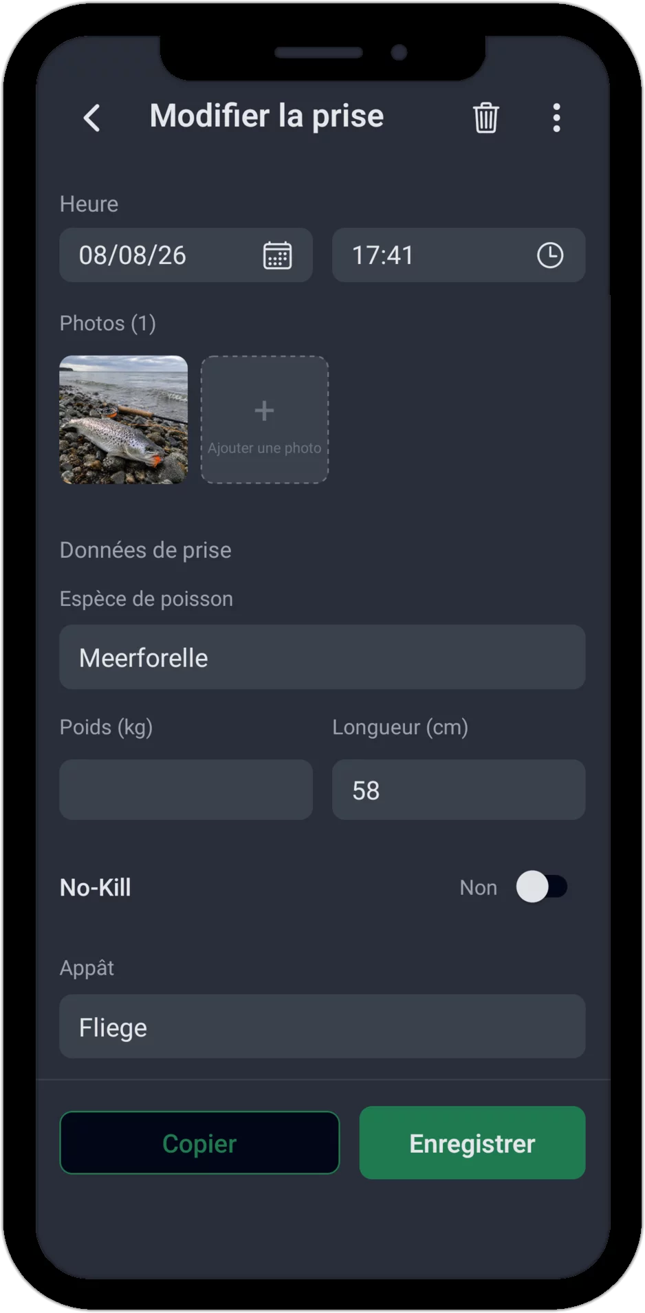 Capture d'écran : Modifier la prise avec heure, photo, espèce, poids, longueur, capture et remise à l'eau et appât