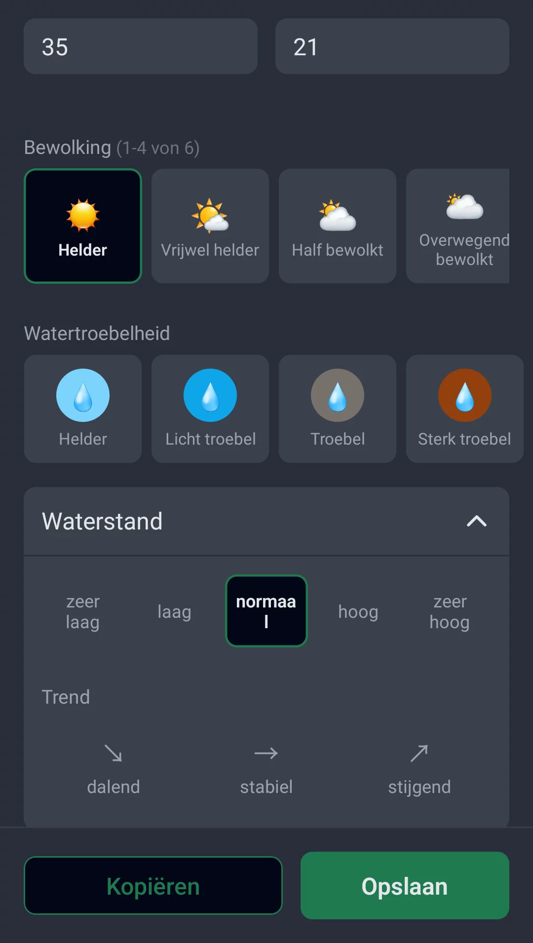 Screenshot: diepte, watertemperatuur, bewolking, watertroebelheid en waterstand met trend bij het bewerken van een vangst