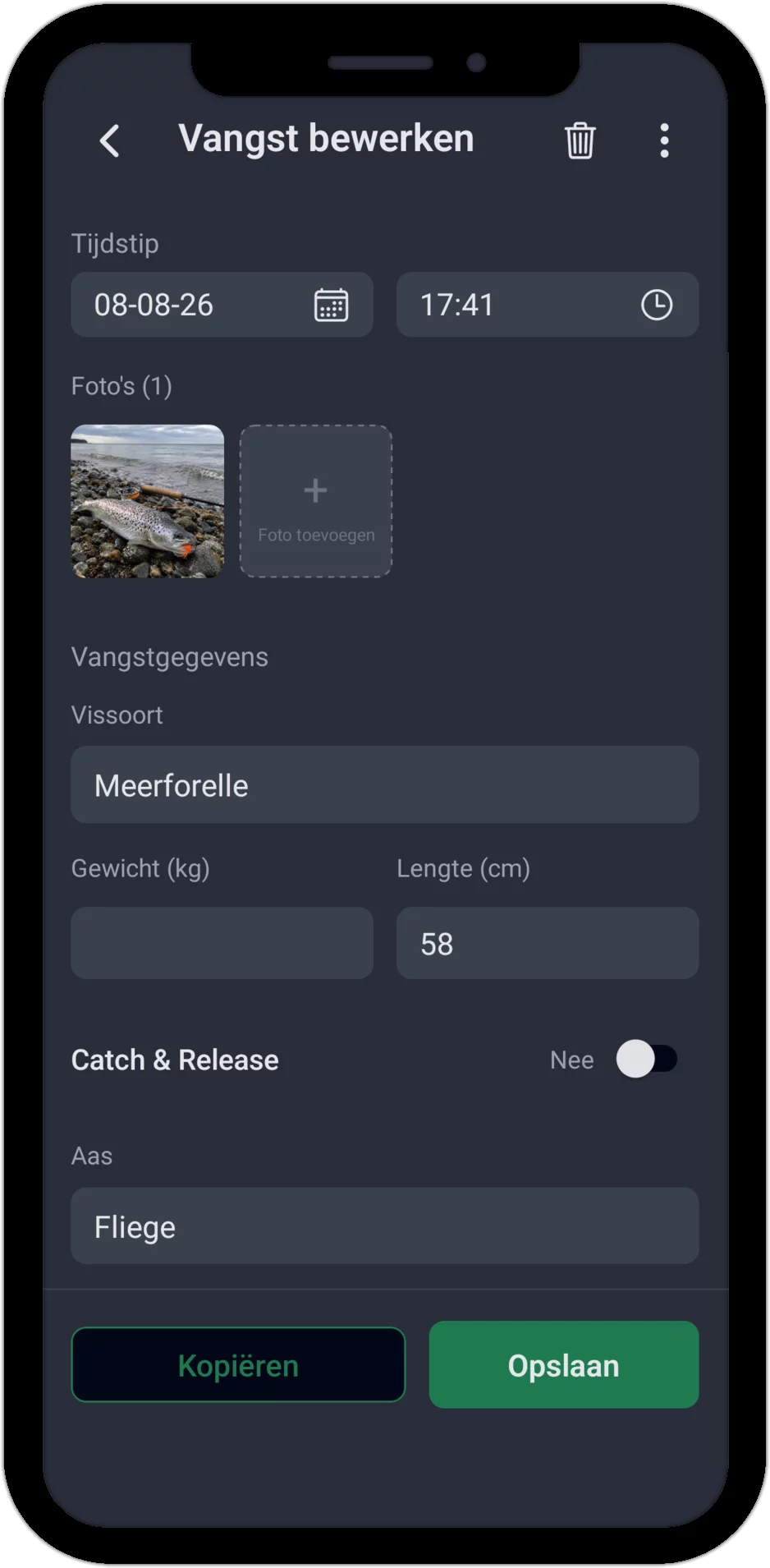 Screenshot: Vangst bewerken met tijdstip, foto, vissoort, gewicht, lengte, catch & release en aas